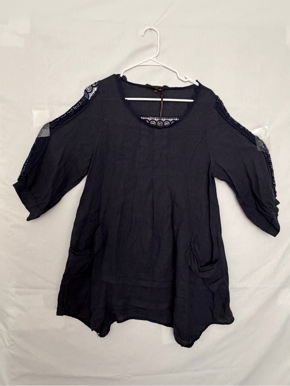 NWT Piazza Roma Italy Linen Crochet Accent Tunic Blouse Dark Navy Size XS(A900)